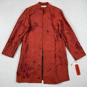 Tunique Nights Silk Jacket Womens Medium Red Embroidered Beaded Open Front Tunic